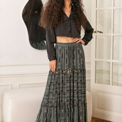 Long skirt printed with LUREX, embroidered with sequins and tightenable with cord