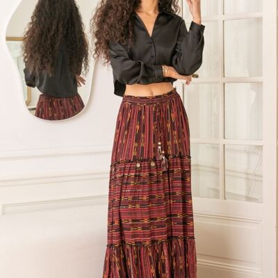 Long skirt printed with LUREX, embroidered with sequins and tightenable with cord