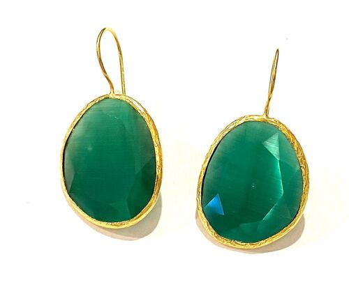 Earrings emerald green cateye stone large