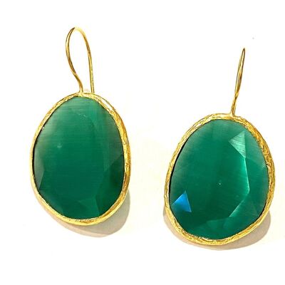 Earrings emerald green cateye stone large