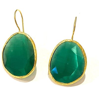 Earrings emerald green cateye stone large