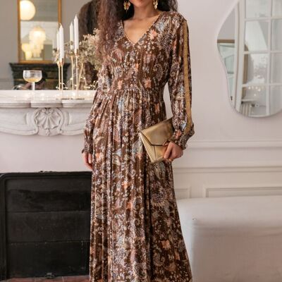 Maxi V-neck dress decorated with Paisley print buttons with Lurex, invisible pockets