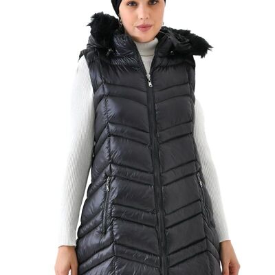 BELLANEVA women's vest quilted vest hood fur sleeveless down vest women's vest quilted vest winter transition jacket body warmer outdoor black