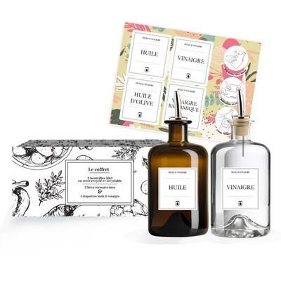 Gourmet box of oil and vinegar bottles and labels