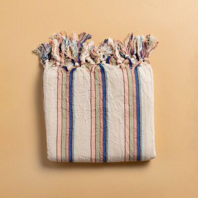 Turkish Towel Cicim - Springlike, joyful with pink, blue and green stripes handwoven by using original organic Turkish cotton