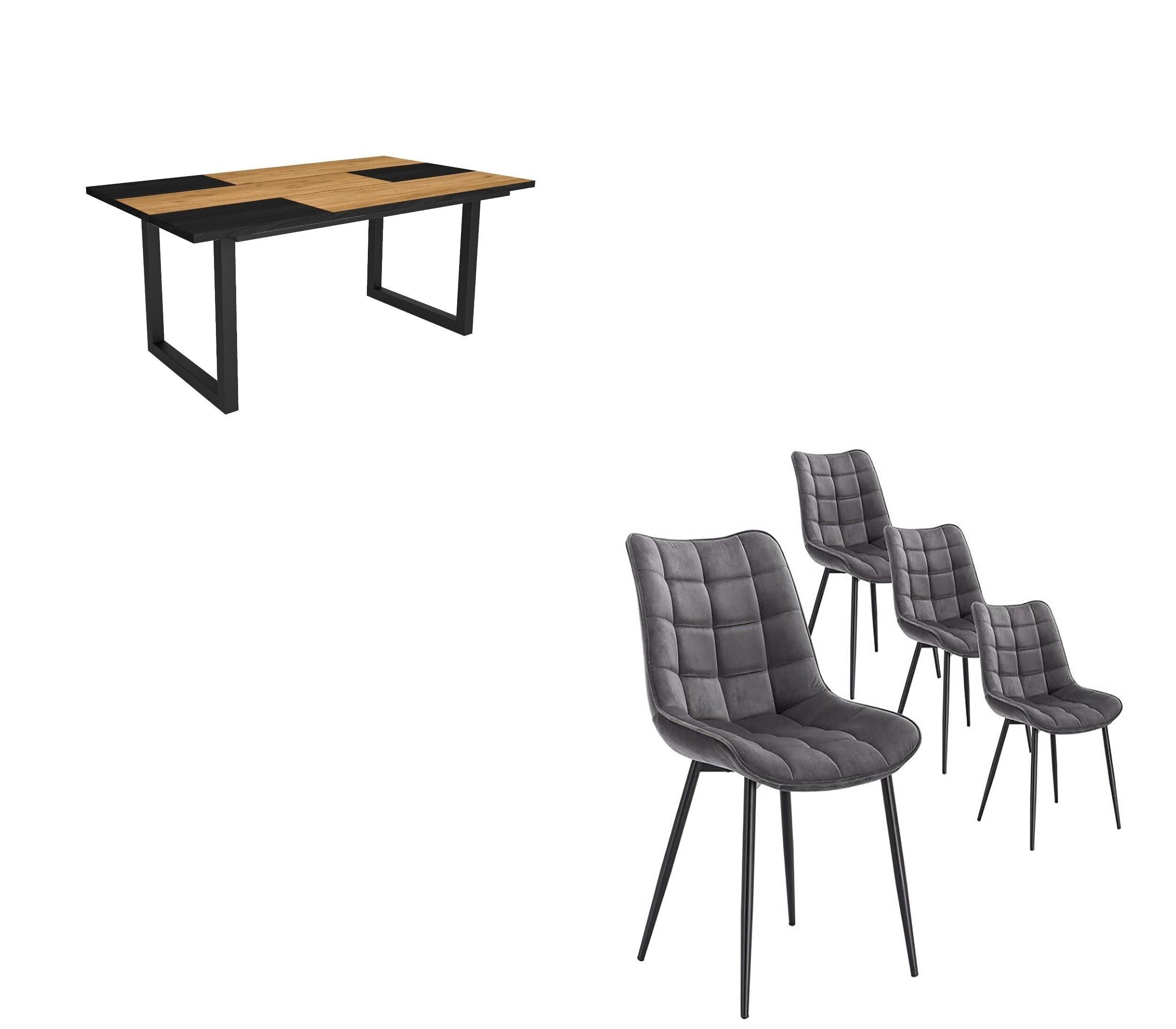 Skraut Home - Ensemble de salon, table à manger | 170 | Chêne et Noir | Style Industriel, Table Fixe, Pack de 4 Chaises de Salle à Manger | Chaise rembourrée