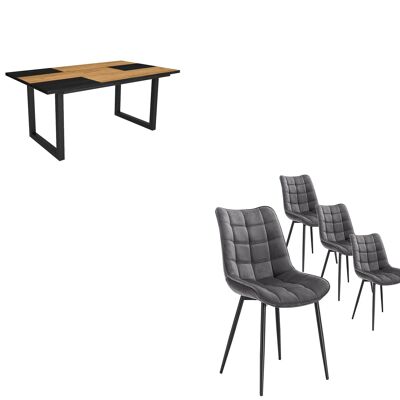 Skraut Home - Set da soggiorno, tavolo da pranzo | 170| Rovere e Nero | Stile industriale, tavolo fisso, confezione da 4 sedie da pranzo | Sedia imbottita
