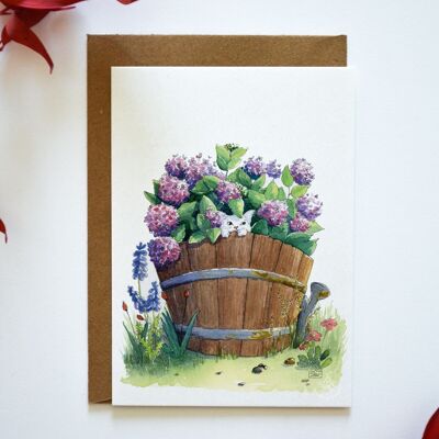 A6 card: Cat and hydrangeas