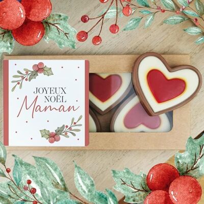 Cœurs au chocolat au lait rouge et blanc x4 "Joyeux Noël Maman"