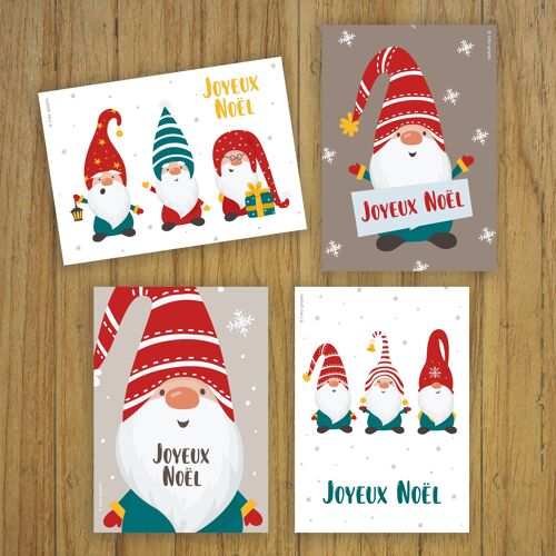 Lot 4 cartes de Noël, carte de voeux, Joyeux Noel, joyeuses fêtes, illustration, lutins