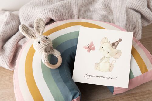 Carte joyeux anniversaire, petite souris, illustration enfant, papillon, vœux, cadeau