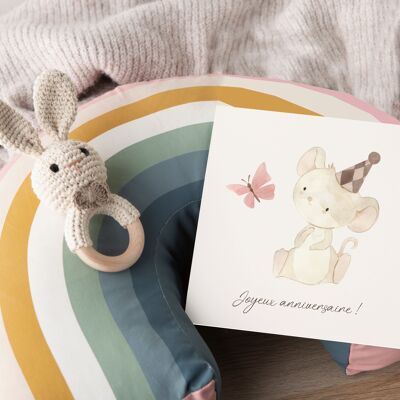 Carte joyeux anniversaire, petite souris, illustration enfant, papillon, vœux, cadeau