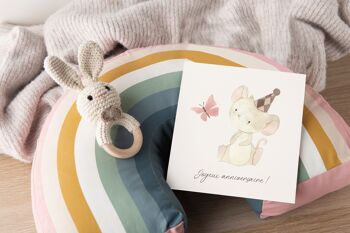 Carte joyeux anniversaire, petite souris, illustration enfant, papillon, vœux, cadeau 1