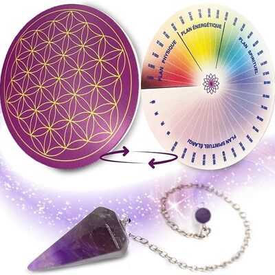 Amethyst Divinatory Pendulum + PVC Flower of Life to recharge Stones and Pendulums & Bovis Scale - 11.5CM | 100% Made in France