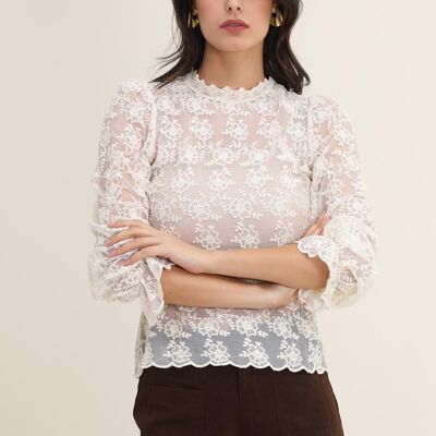 Semi-sheer embroidered lace turtleneck top - 81006