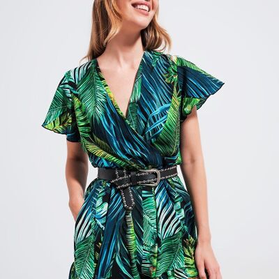 Wrap jumpsuit in green tropical print