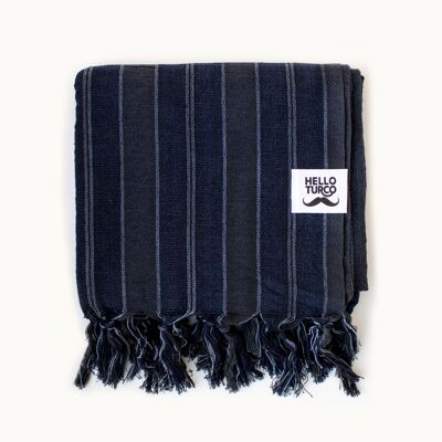 Turkish Towel Neco - Thick, dark blue with traditional grayish stripes, handwoven by using original organic Turkish cotton