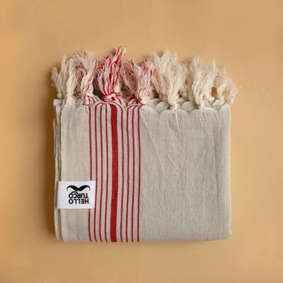 Turkish Towel Melek - Lightweight, tightly-knitted and red striped handwoven by using original organic Turkish cotton