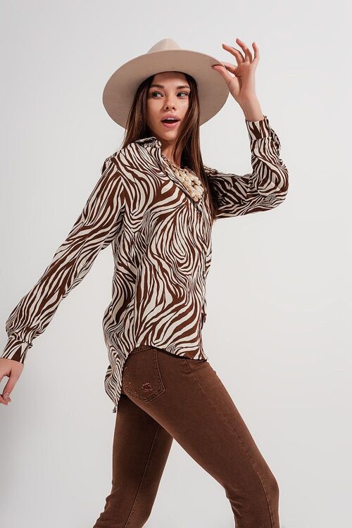 Zebra print chiffon shirt with fold sleeves in brown