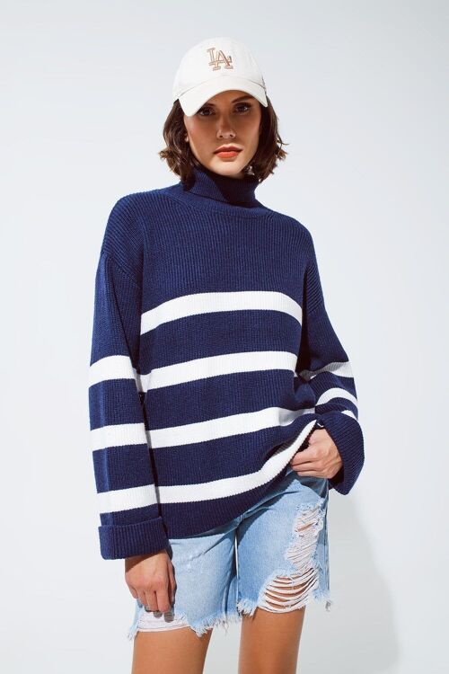 Navy blue turtle neck sweater in navy with stripes