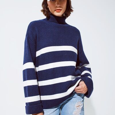 Navy blue turtle neck sweater in navy with stripes