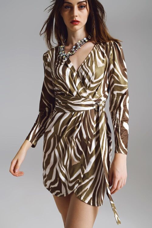 Wrapped Long Sleeve dress With Belt in Cream and Olive Green Zebra Print