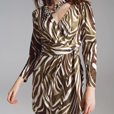 Wrapped Long Sleeve dress With Belt in Cream and Olive Green Zebra Print