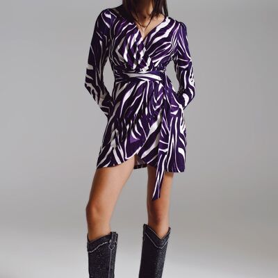 Wrapped Long Sleeve dress With Belt in Cream and Purple Zebra Print