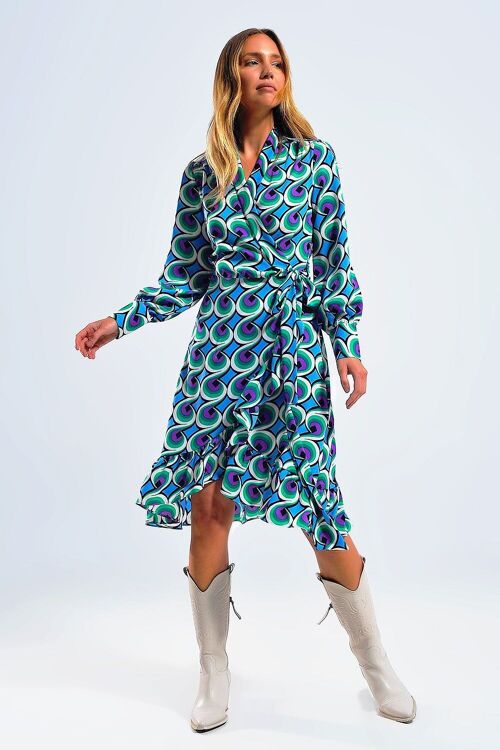 Wrap mini blue dress in 70s print