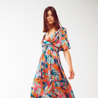 Wrap Maxi Belted Dress With Floral Print In Orange