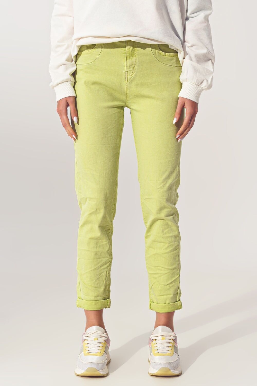 Jeans skinny stropicciati in verde lime