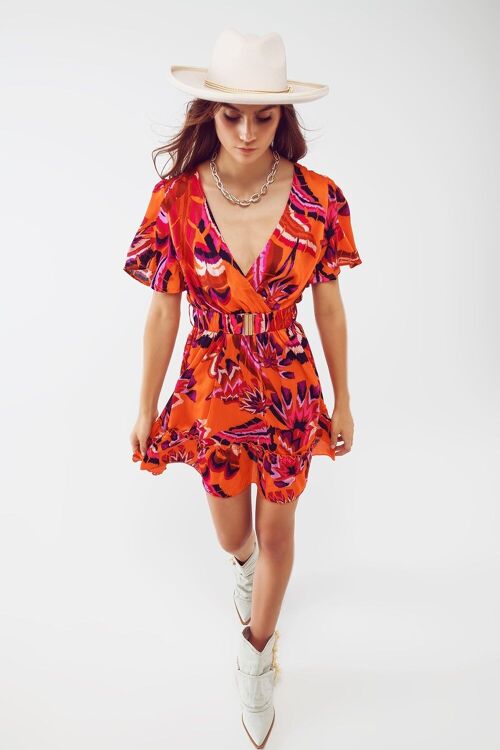 Wrap Short Dress With Angel Sleeves In Abstract Floral Printt