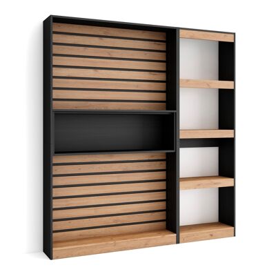 Skraut Home | Shelving bookcase | Wall book shelf | 170x186x25cm | Living room - Dining room - Office | With Storage | Modern Style | Oak and black