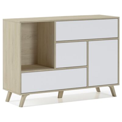Skraut Home - Living Room Dining Room Sideboard, WIND Buffet Auxiliary Furniture 1 Door, 3 Drawers, Puccini structure color and White door and drawers color. Measurements: 120x40x86cm.