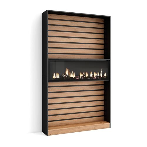 Skraut Home | Librería estantería | Estanteria libros de pared | 110x186x25cm | Salón - Comedor - Oficina | Chimenea eléctrica | Estilo Moderno | Roble y negro