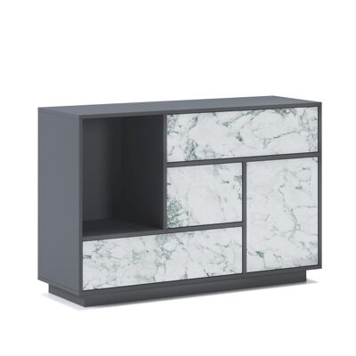 Skraut Home - Buffet/Sideboard living room dining room, MARBLE Buffet Auxiliary Furniture 1 Door, 3 drawers. GRAPHITE GRAY structure color, MATTE WHITE MARBLE door and drawer color. Measurements: 120x40x80cm.