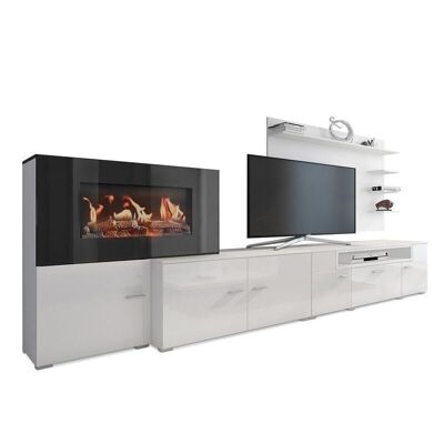 Skraut Home - Living room furniture with electric fireplace with 5 flame levels, Matte White and Gloss Lacquered White finish, measurements: 290 x 170 x 45 cm deep