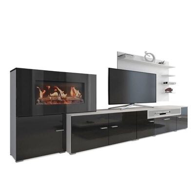 Skraut Home - Living room furniture with electric fireplace with 5 flame levels, Matte White and Glossy Black Lacquered finish, measurements: 290 x 170 x 45 cm deep