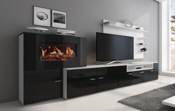 Skraut Home - Meuble de salon avec cheminée électrique à 5 niveaux de flammes, finition Laqué Blanc Mat et Noir Brillant, dimensions : 290 x 170 x 45 cm de profondeur 2