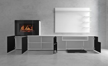 Skraut Home - Meuble de salon avec cheminée électrique à 5 niveaux de flammes, finition Laqué Blanc Mat et Noir Brillant, dimensions : 290 x 170 x 45 cm de profondeur 4