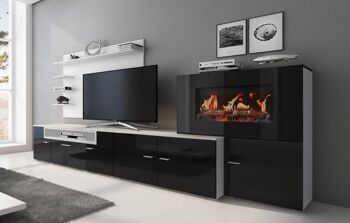 Skraut Home - Meuble de salon avec cheminée électrique à 5 niveaux de flammes, finition Laqué Blanc Mat et Noir Brillant, dimensions : 290 x 170 x 45 cm de profondeur 5