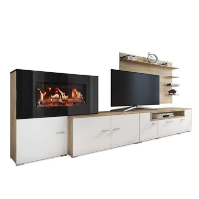Skraut Home - Living room furniture with electric fireplace with 5 flame levels, Matte White and Brushed Light Oak finish, measurements: 290 x 170 x 45 cm deep