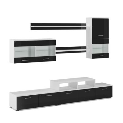 Skraut Home - Modern living room furniture with LEDs, finish in Matte White and Glossy Black Lacquer, measurements: 250x194x42 cm deep