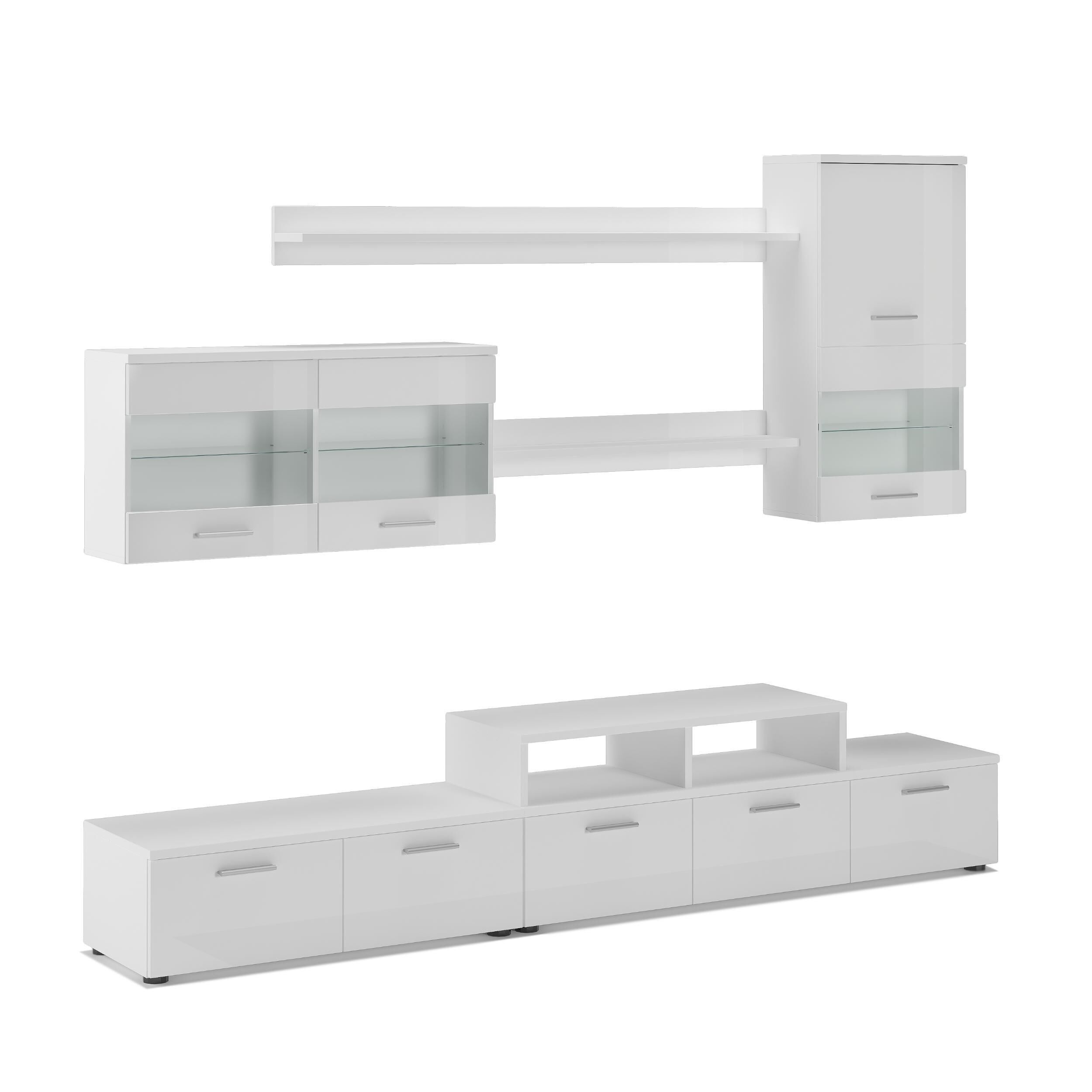 Skraut Home - Meuble de salon moderne avec LED, finition en Laque Blanc Mat et Blanc Brillant, dimensions : 250x194x42 cm de profondeur