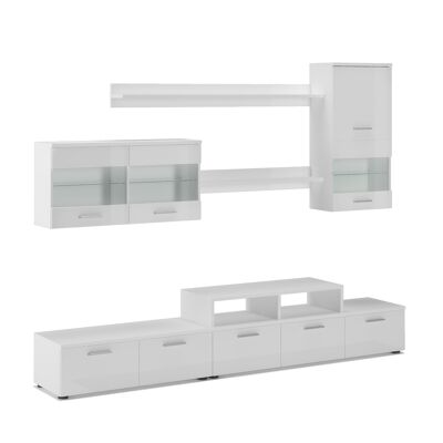 Skraut Home - Modern living room furniture with LEDs, finish in Matte White and Glossy White Lacquer, measurements: 250x194x42 cm deep