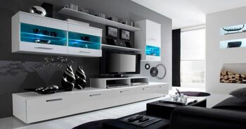 Skraut Home - Meuble de salon moderne avec LED, finition en Laque Blanc Mat et Blanc Brillant, dimensions : 250x194x42 cm de profondeur 2