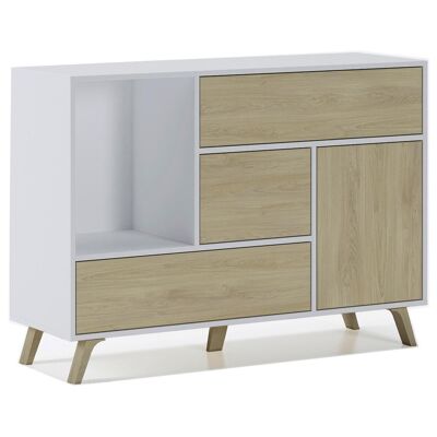 Skraut Home - Living Room Dining Room Sideboard, WIND Buffet Auxiliary Furniture 1 Door, 3 Drawers, White structure color and Puccini door and drawer color. Measurements: 120x40x86cm.