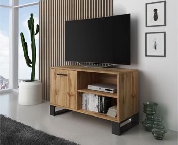 Skraut Home - Meuble TV 100 avec porte gauche, salon, modèle LOFT, structure et couleur de porte en Chêne Rustique, mesures 95x40x57cm de hauteur. 2