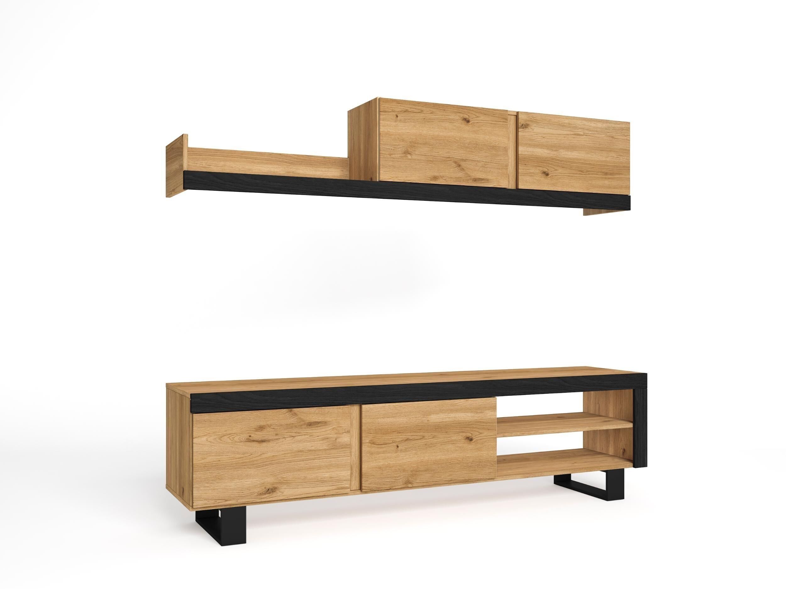 Skraut Home - Mueble de Salón IDEM "Naturale"  con patas - Módulos de Comedor - Mueble TV Salón - Conjunto de Muebles - Módulo de Almacenaje -  Estilo Moderno - Color Roble/Negro Nórdico 200 x 180 x 40 cm