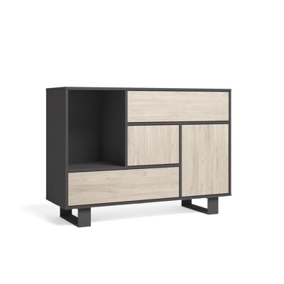 Skraut Home - Living Room Dining Room Sideboard, WIND Buffet Auxiliary Furniture 1 Door, 3 Drawers, Anthracite Gray structure color, Oak door and drawers color. 120x40x86cm.
